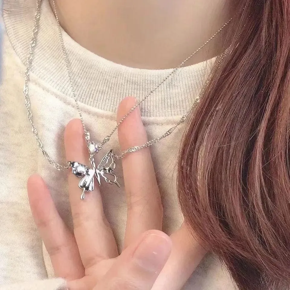 Chic Crystal Inlaid Layered Antique Silver Butterfly Necklace