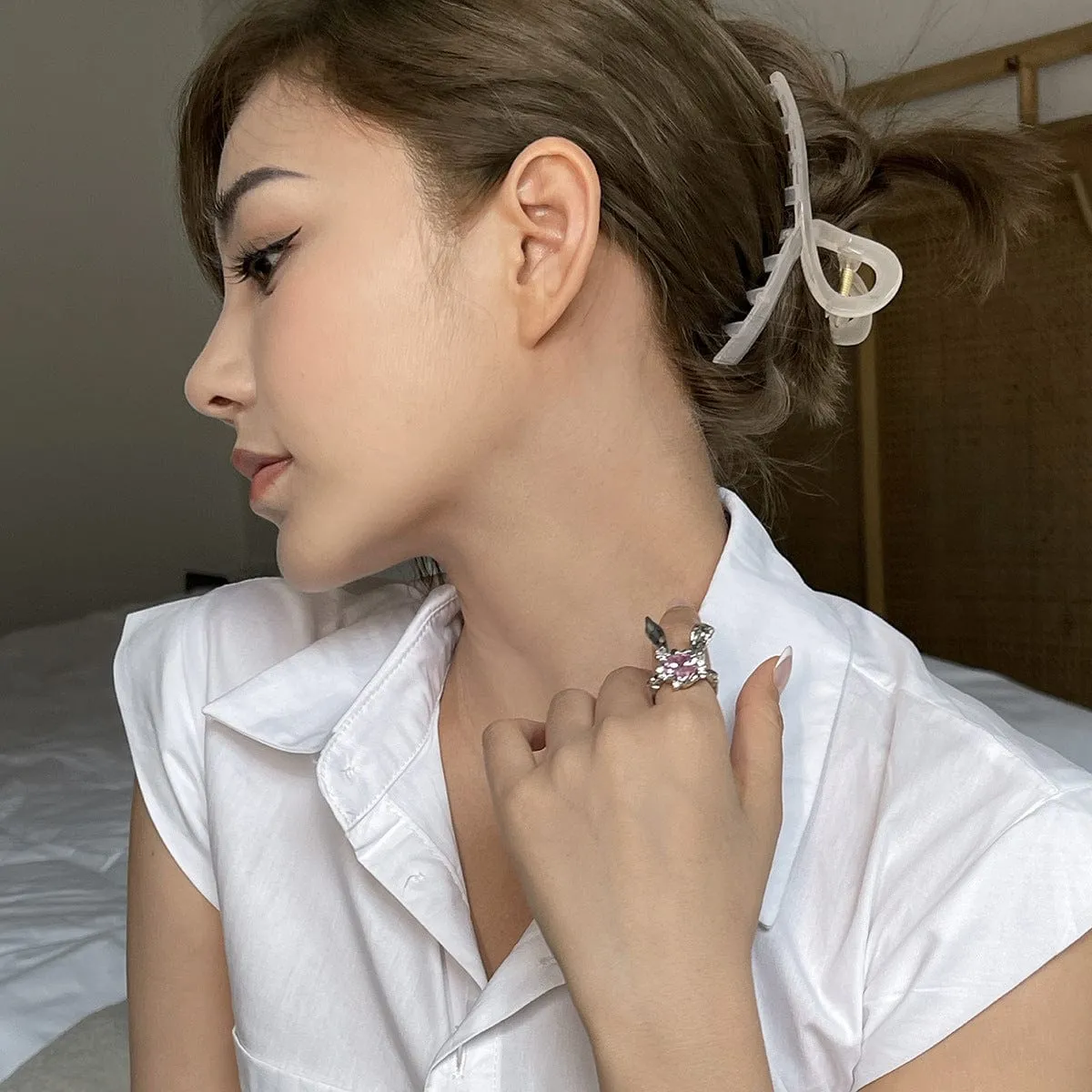 Chic CZ Inlaid Crystal Bunny Heart Ring