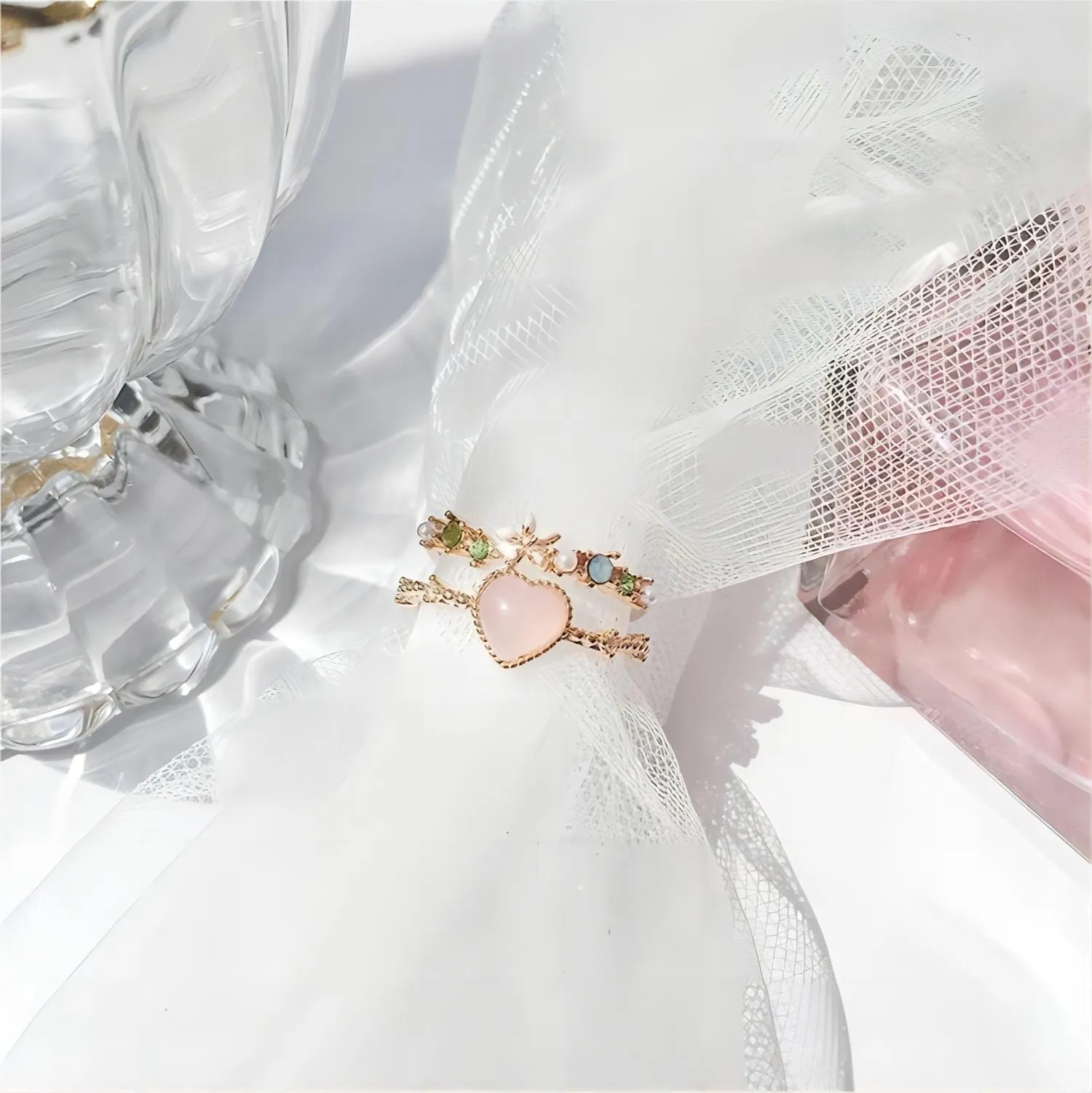 Chic CZ Inlaid Enamel Floral Opal Heart Ring