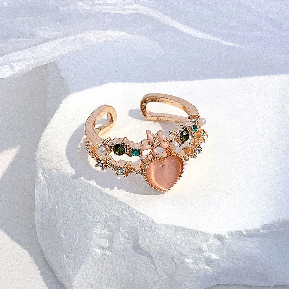 Chic CZ Inlaid Enamel Floral Opal Heart Ring
