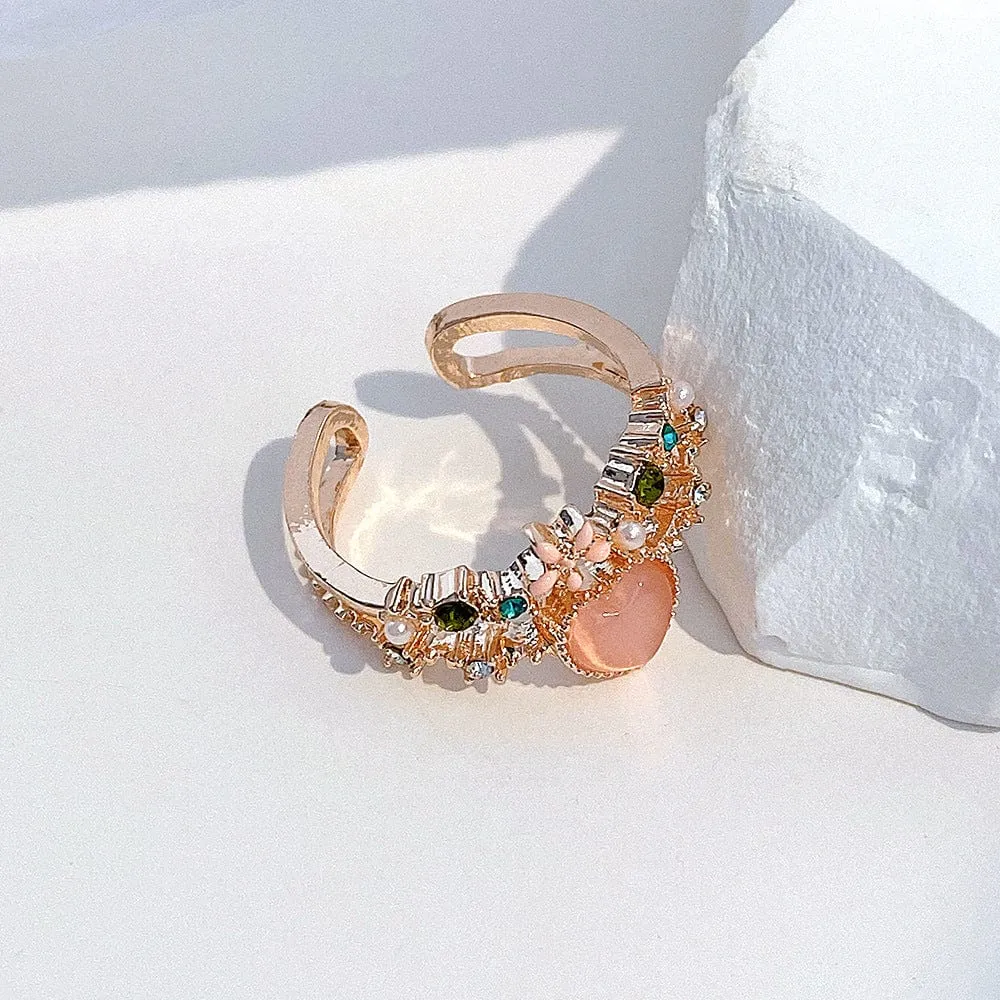 Chic CZ Inlaid Enamel Floral Opal Heart Ring