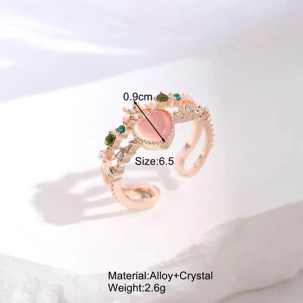 Chic CZ Inlaid Enamel Floral Opal Heart Ring