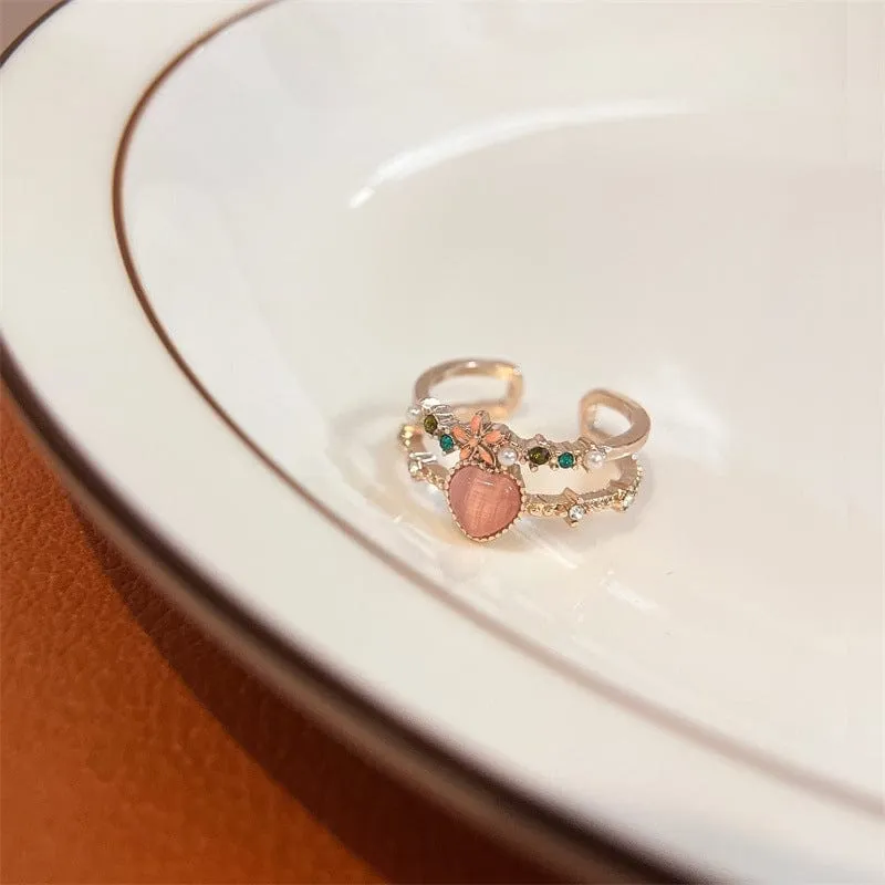 Chic CZ Inlaid Enamel Floral Opal Heart Ring