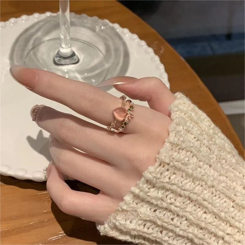 Chic CZ Inlaid Enamel Floral Opal Heart Ring