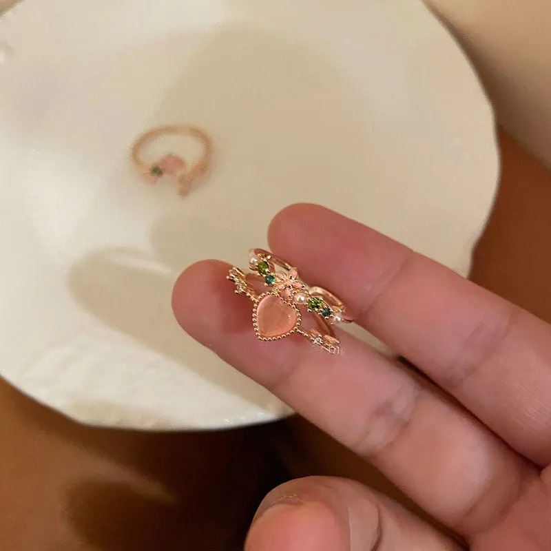 Chic CZ Inlaid Enamel Floral Opal Heart Ring