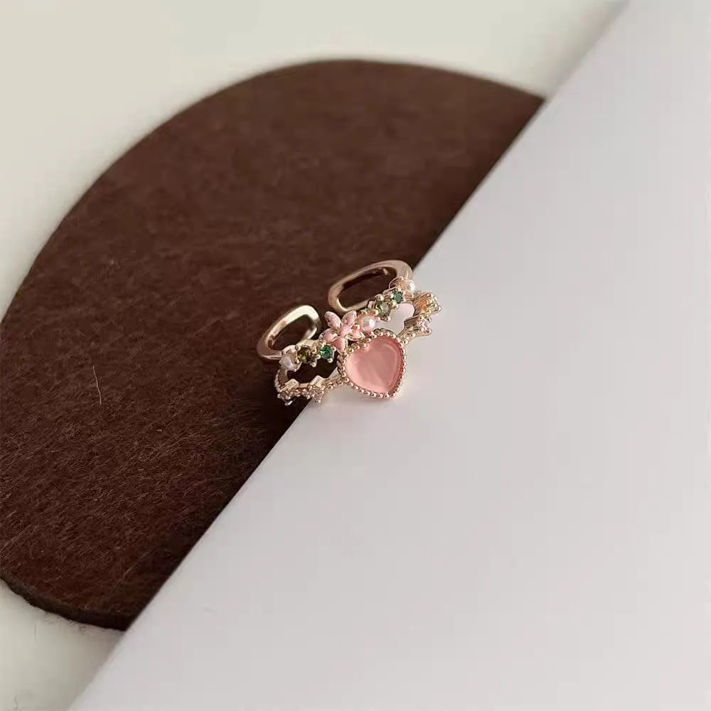 Chic CZ Inlaid Enamel Floral Opal Heart Ring