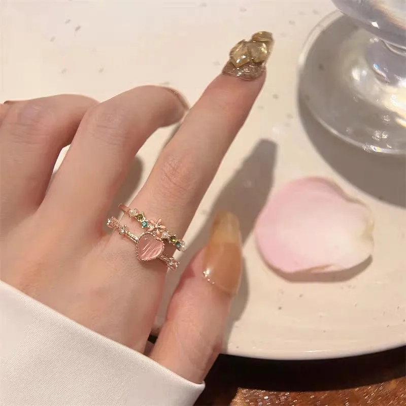 Chic CZ Inlaid Enamel Floral Opal Heart Ring