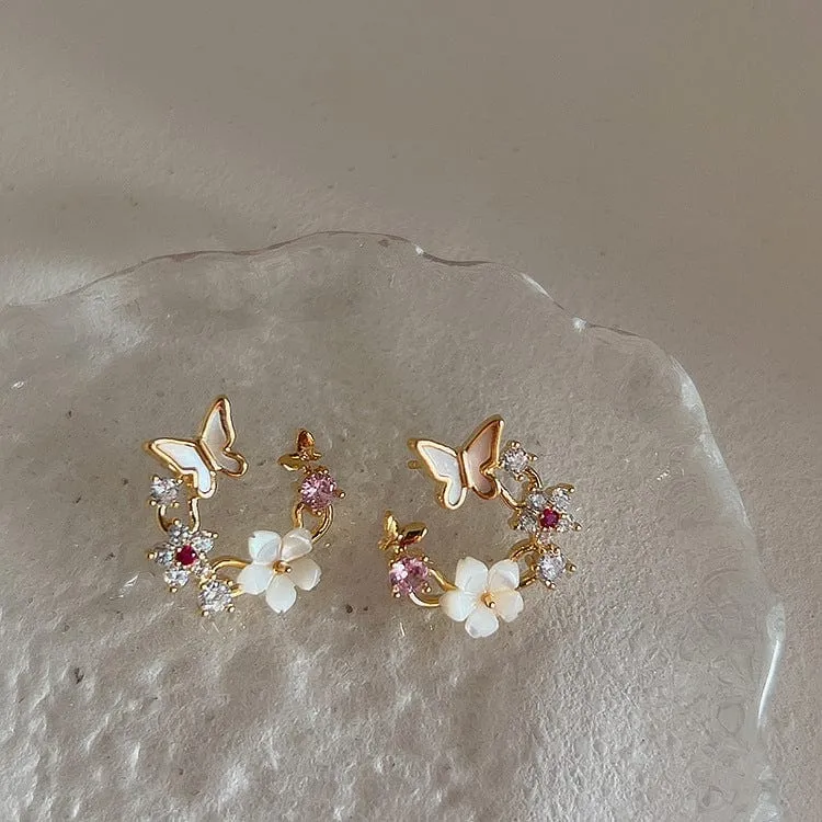 Chic CZ Inlaid Natural Pearl Shell Butterfly Floral Earrings