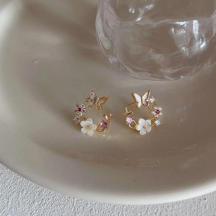 Chic CZ Inlaid Natural Pearl Shell Butterfly Floral Earrings