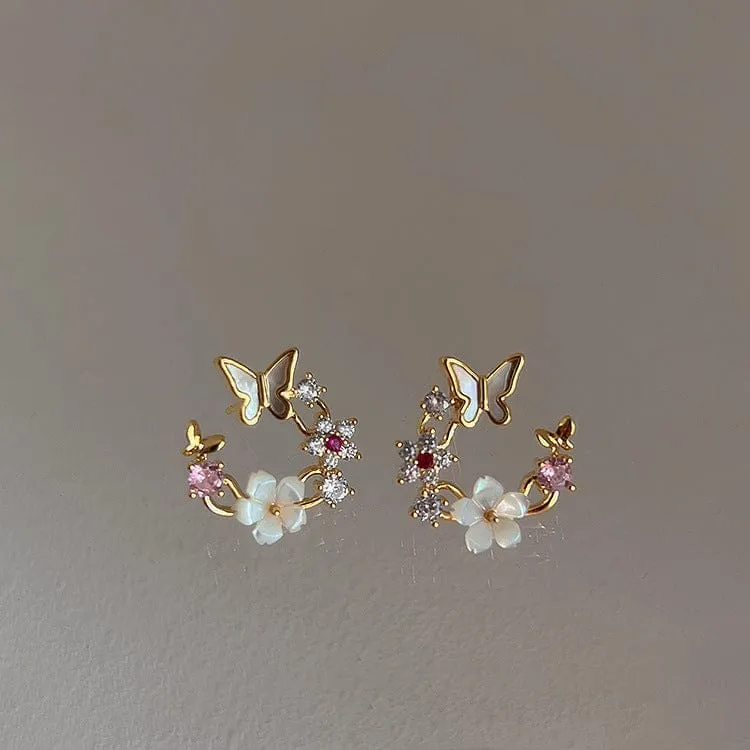 Chic CZ Inlaid Natural Pearl Shell Butterfly Floral Earrings