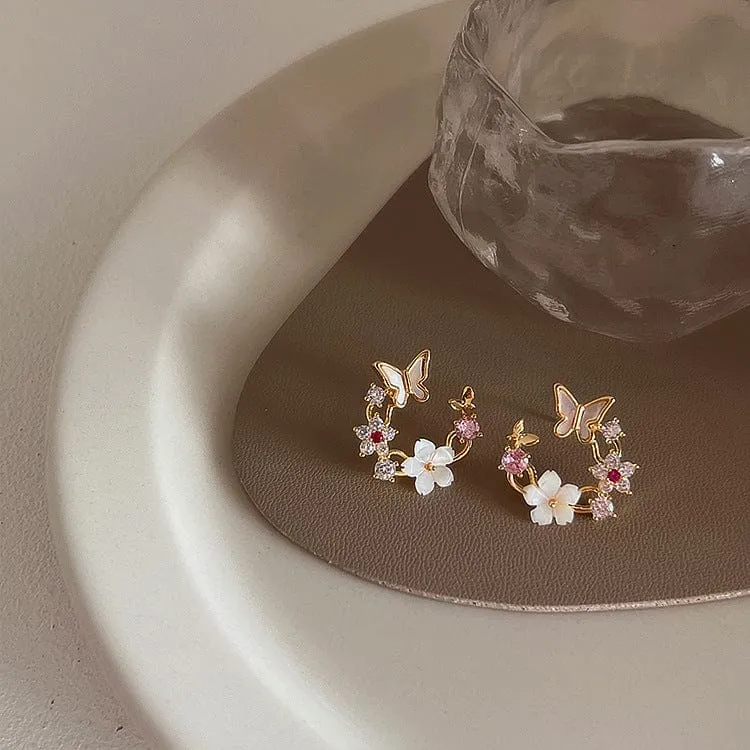 Chic CZ Inlaid Natural Pearl Shell Butterfly Floral Earrings
