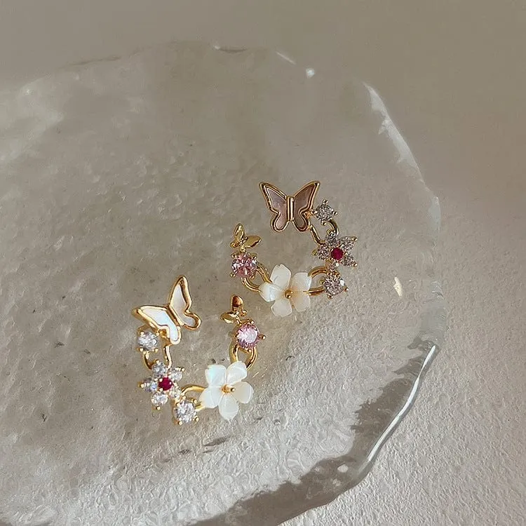 Chic CZ Inlaid Natural Pearl Shell Butterfly Floral Earrings