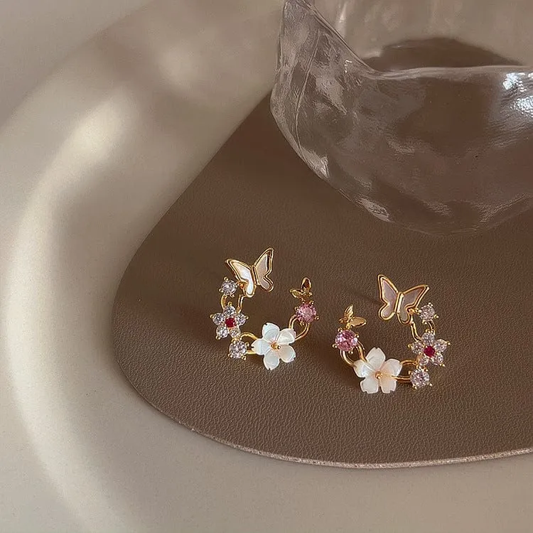Chic CZ Inlaid Natural Pearl Shell Butterfly Floral Earrings