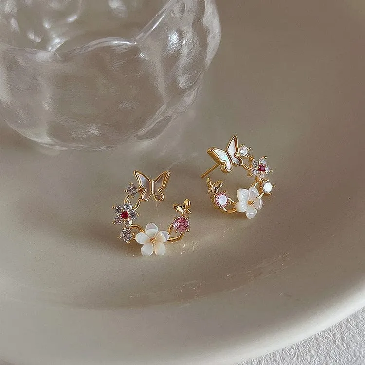 Chic CZ Inlaid Natural Pearl Shell Butterfly Floral Earrings
