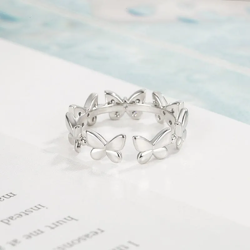 Chic CZ Inlaid Silver Butterfly Ring