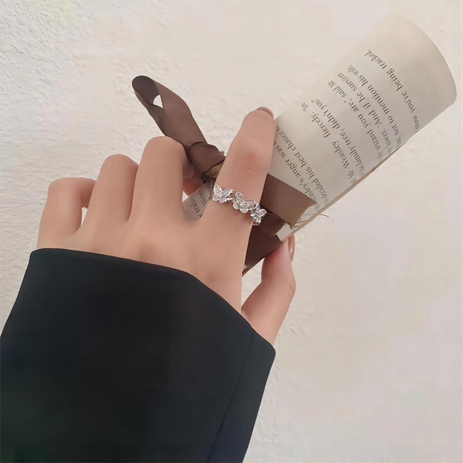 Chic CZ Inlaid Silver Butterfly Ring