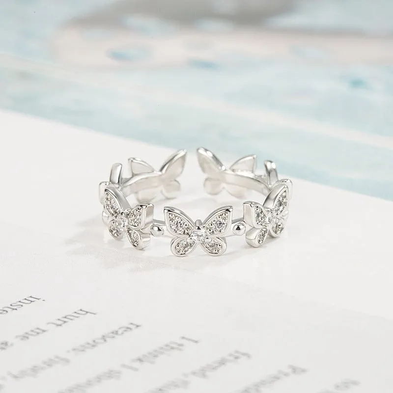 Chic CZ Inlaid Silver Butterfly Ring