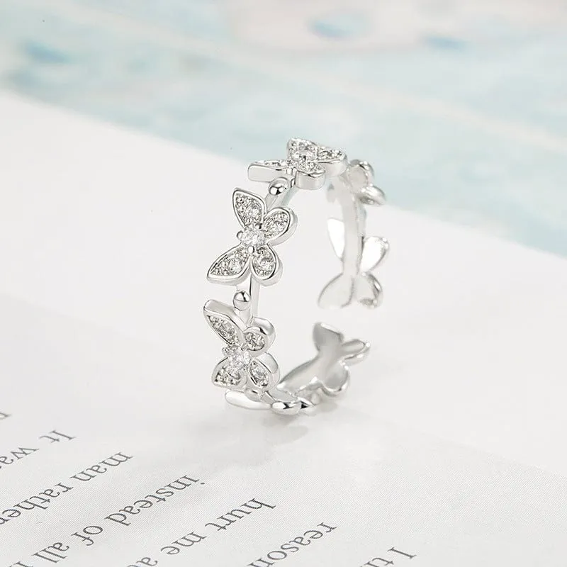 Chic CZ Inlaid Silver Butterfly Ring