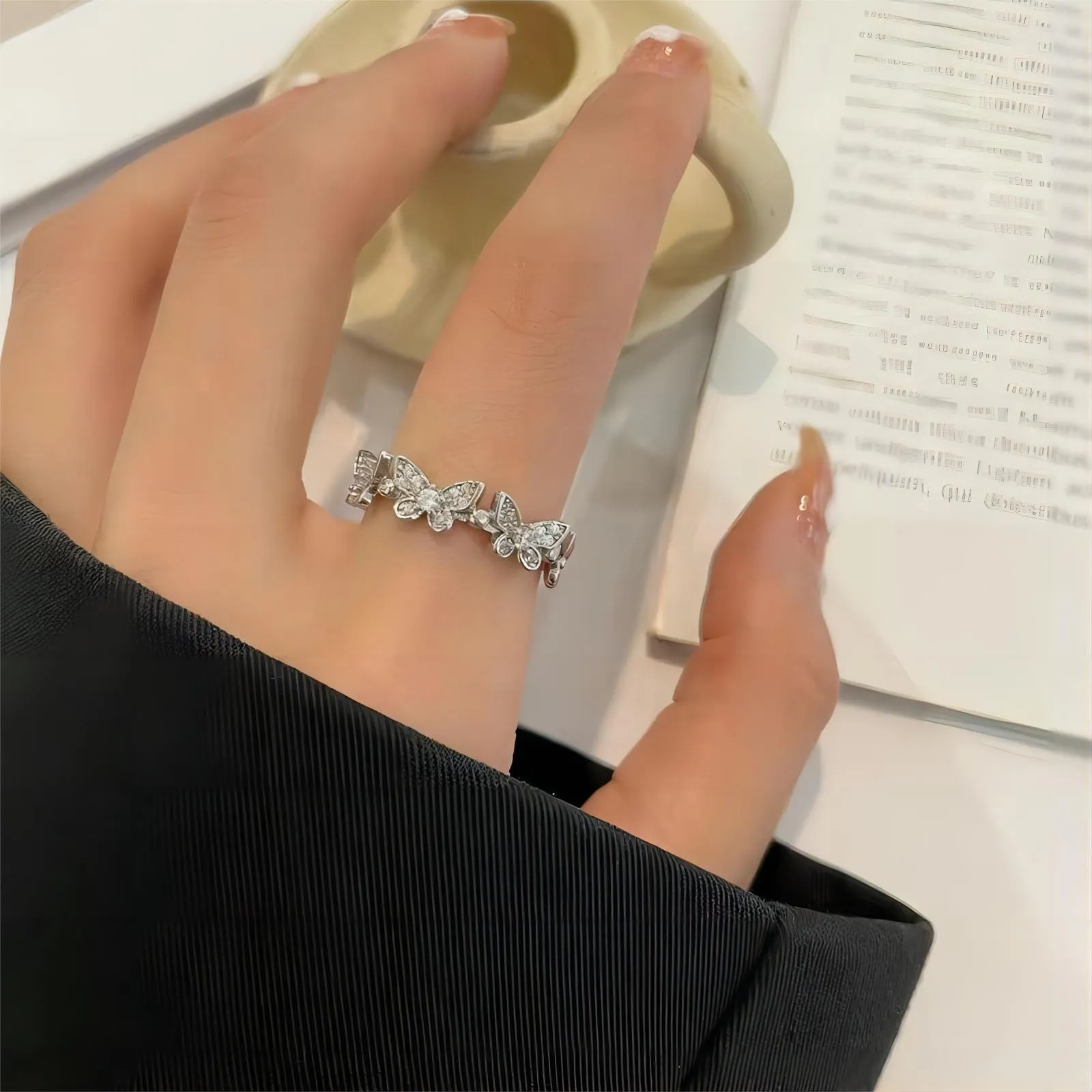 Chic CZ Inlaid Silver Butterfly Ring