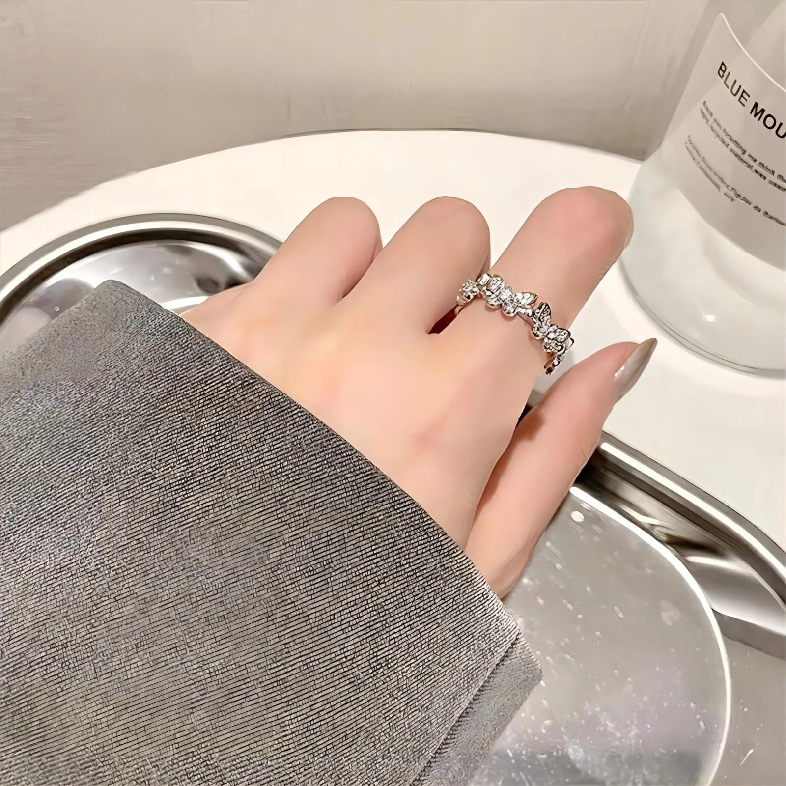 Chic CZ Inlaid Silver Butterfly Ring