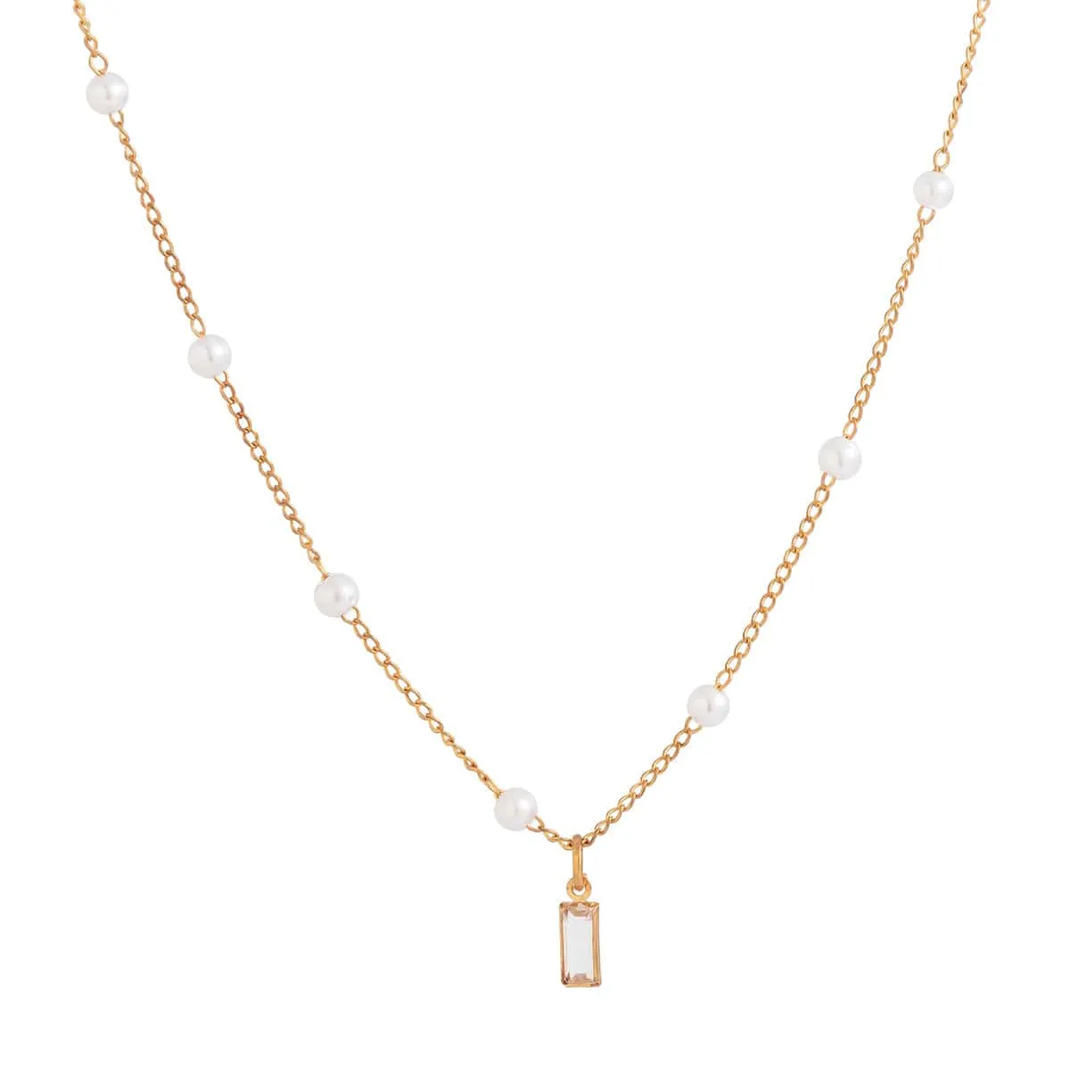 Chic CZ Inlaid Square Pendant Pearl Chain Necklace