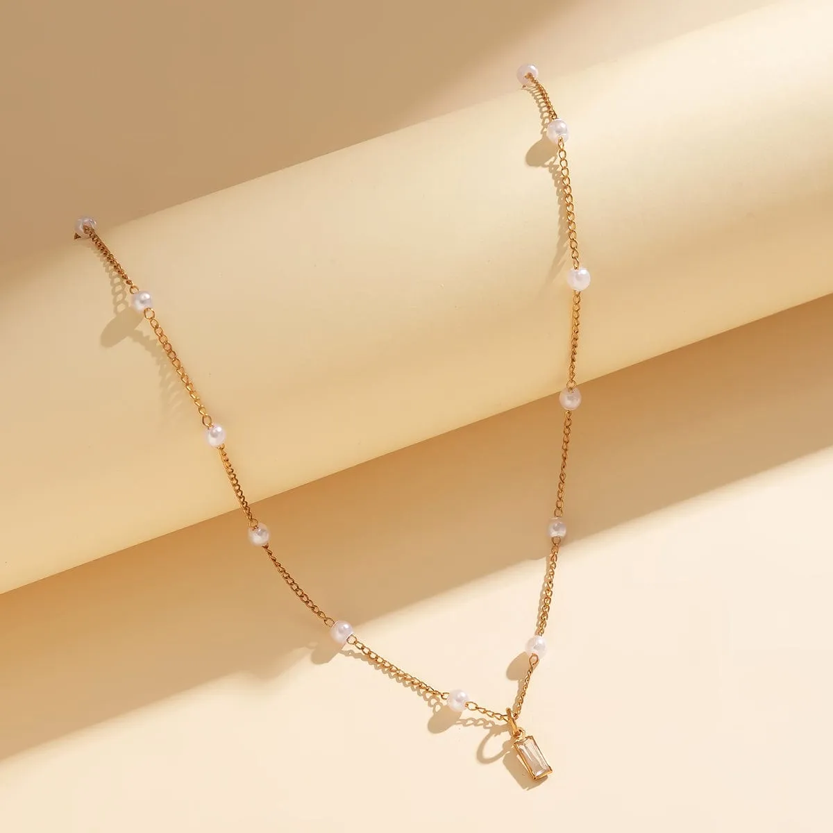 Chic CZ Inlaid Square Pendant Pearl Chain Necklace