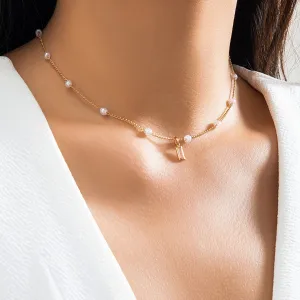 Chic CZ Inlaid Square Pendant Pearl Chain Necklace