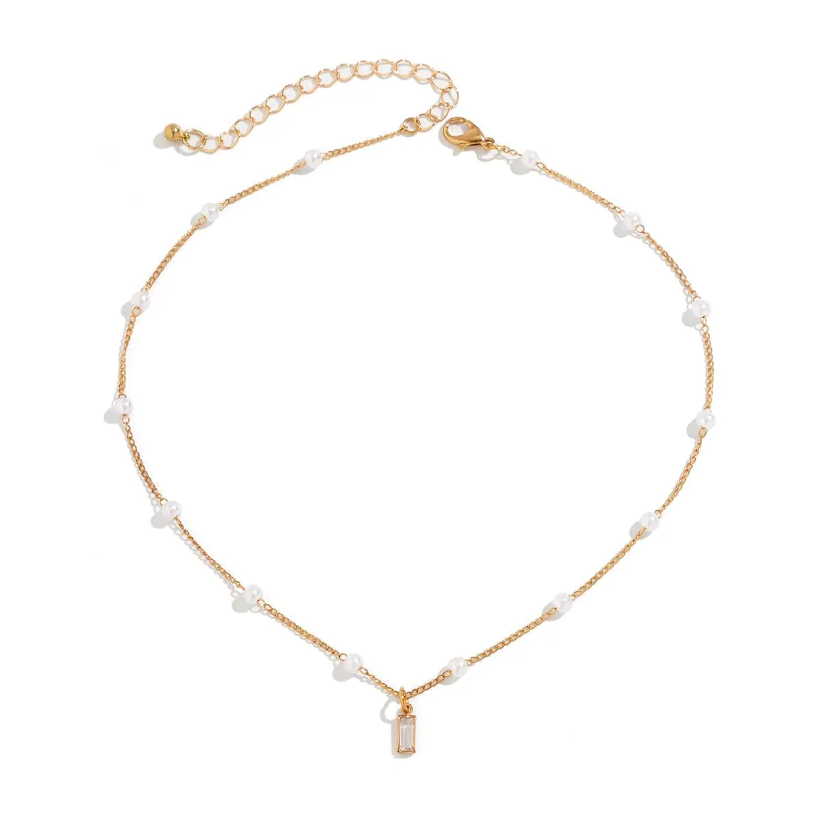 Chic CZ Inlaid Square Pendant Pearl Chain Necklace