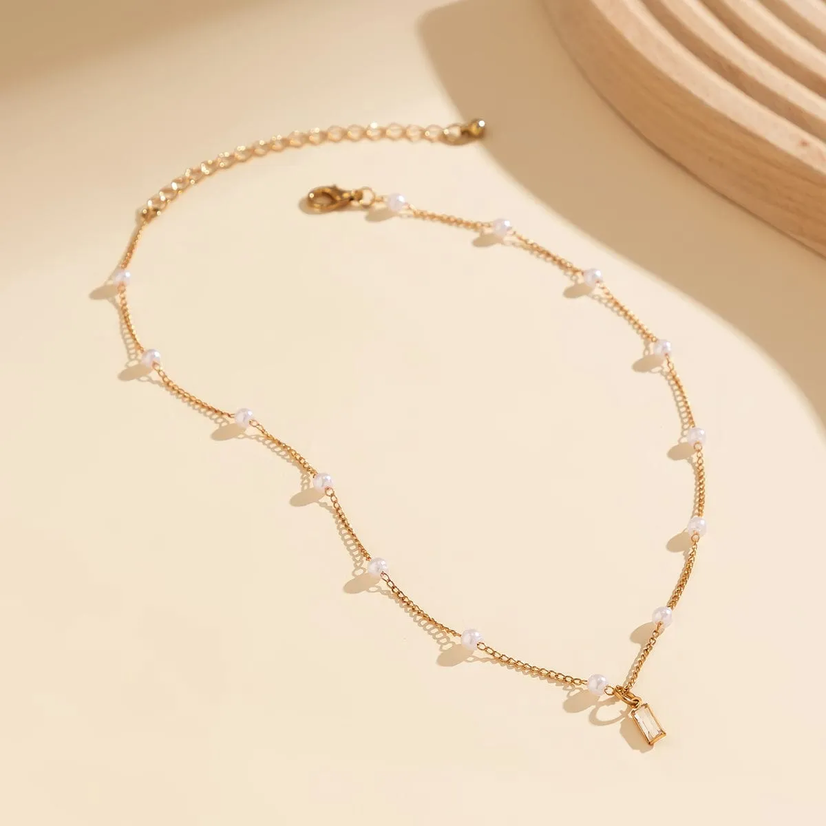 Chic CZ Inlaid Square Pendant Pearl Chain Necklace