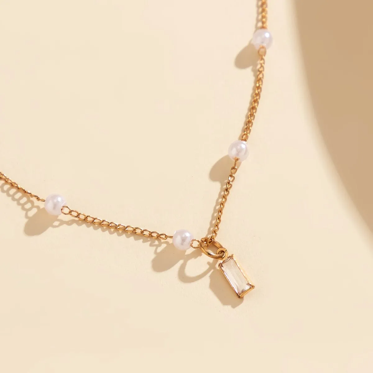Chic CZ Inlaid Square Pendant Pearl Chain Necklace
