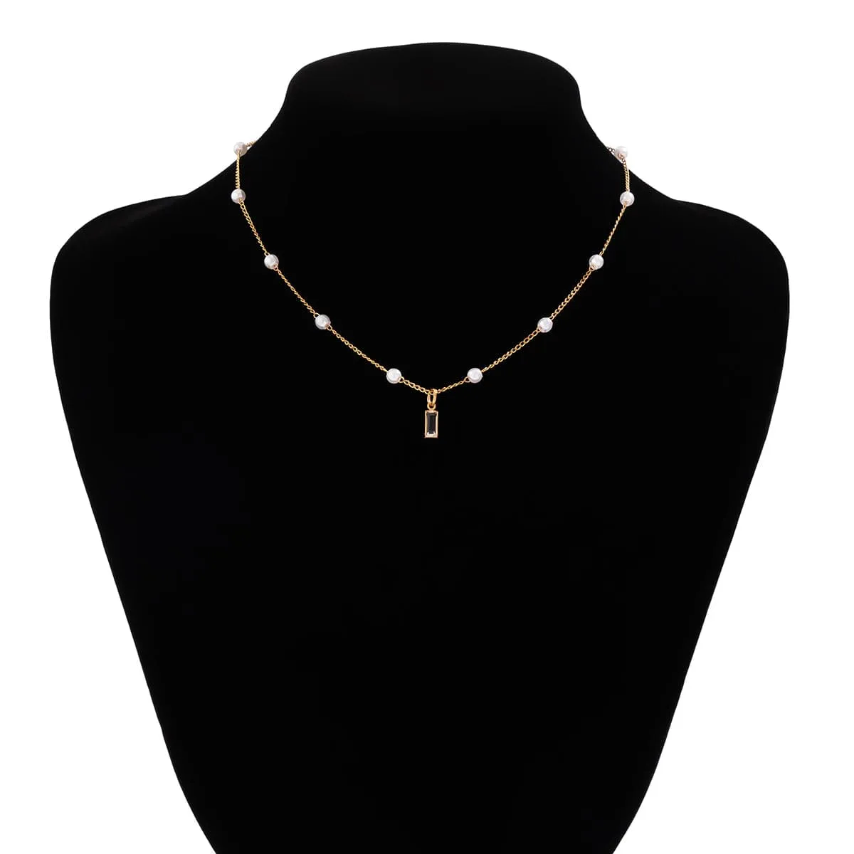 Chic CZ Inlaid Square Pendant Pearl Chain Necklace