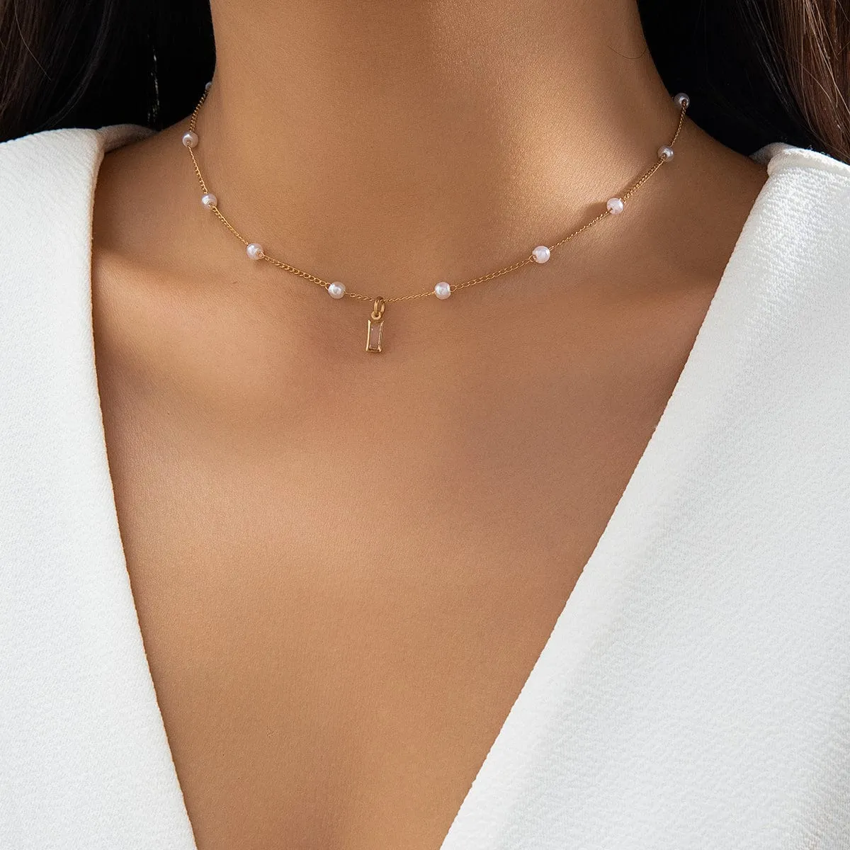 Chic CZ Inlaid Square Pendant Pearl Chain Necklace