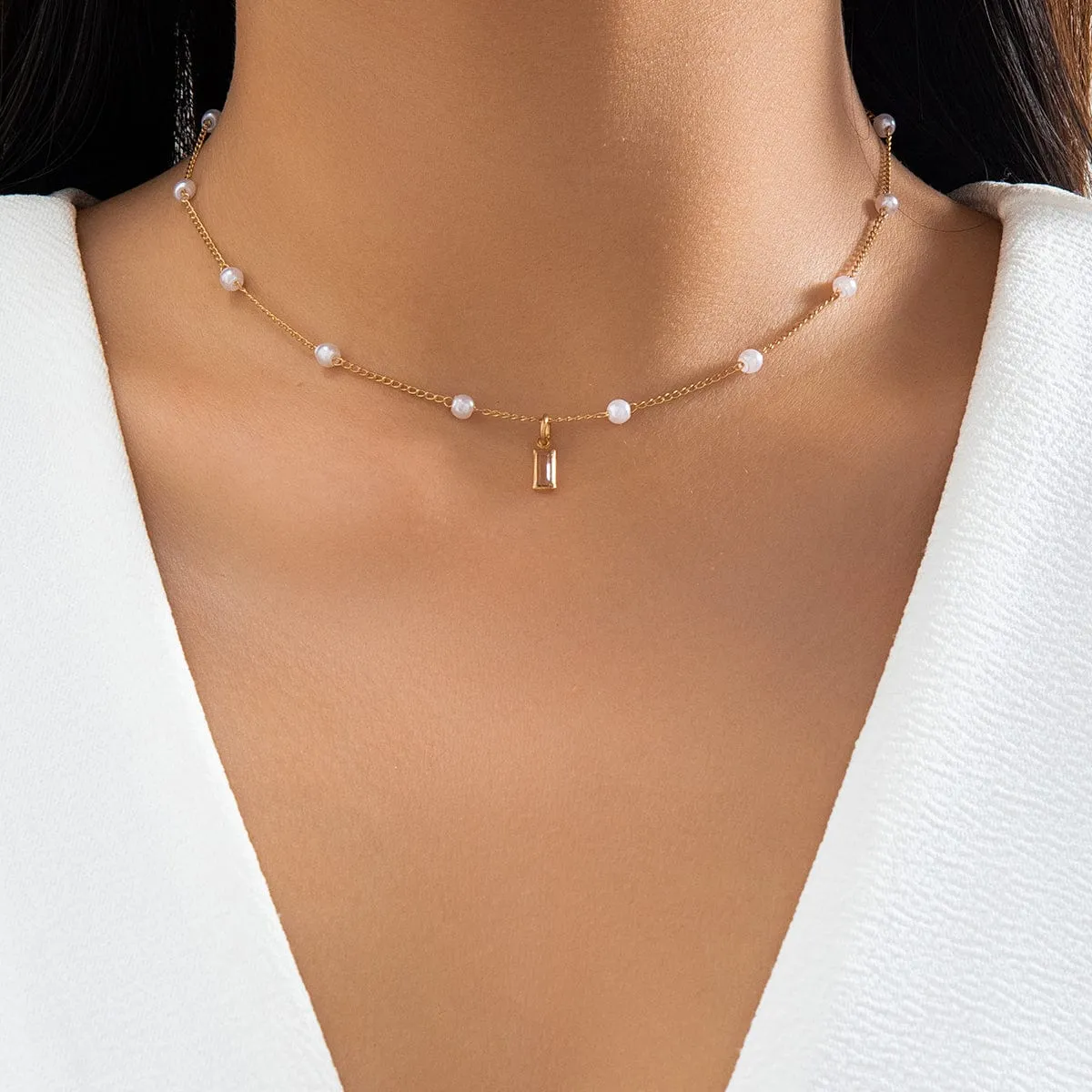 Chic CZ Inlaid Square Pendant Pearl Chain Necklace
