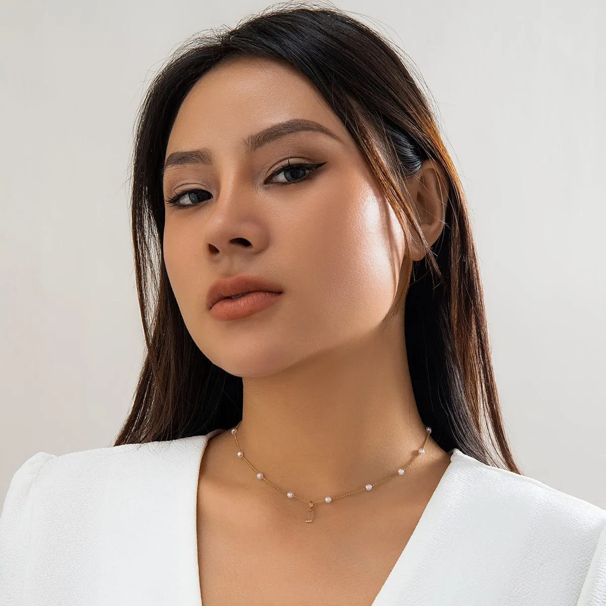 Chic CZ Inlaid Square Pendant Pearl Chain Necklace