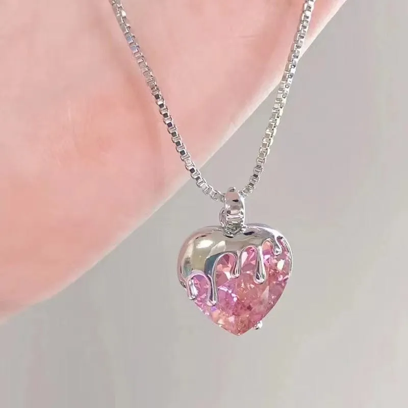 Chic Diamond Cut Pink Crystal Heart Pendant Necklace