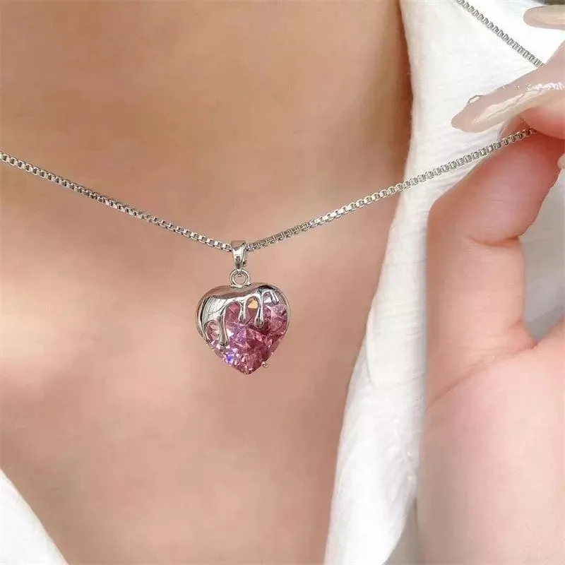 Chic Diamond Cut Pink Crystal Heart Pendant Necklace