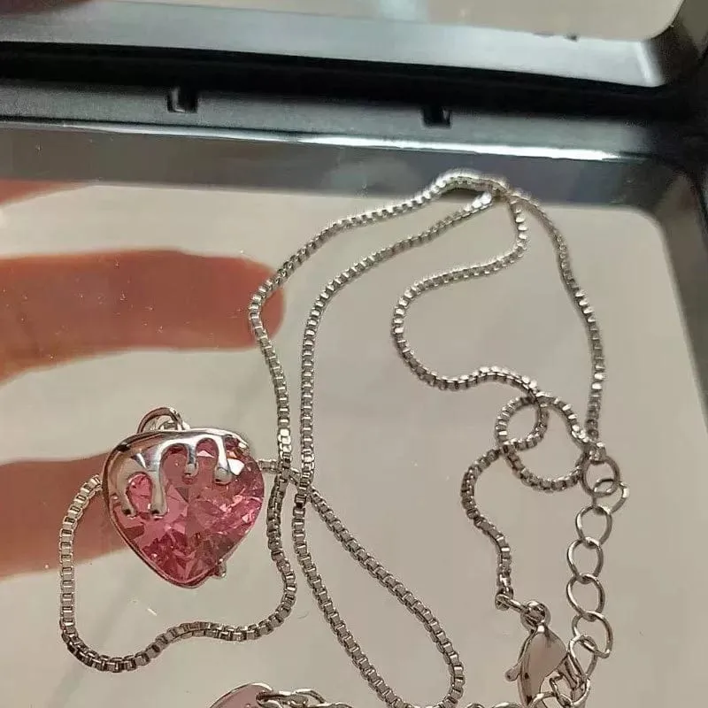 Chic Diamond Cut Pink Crystal Heart Pendant Necklace