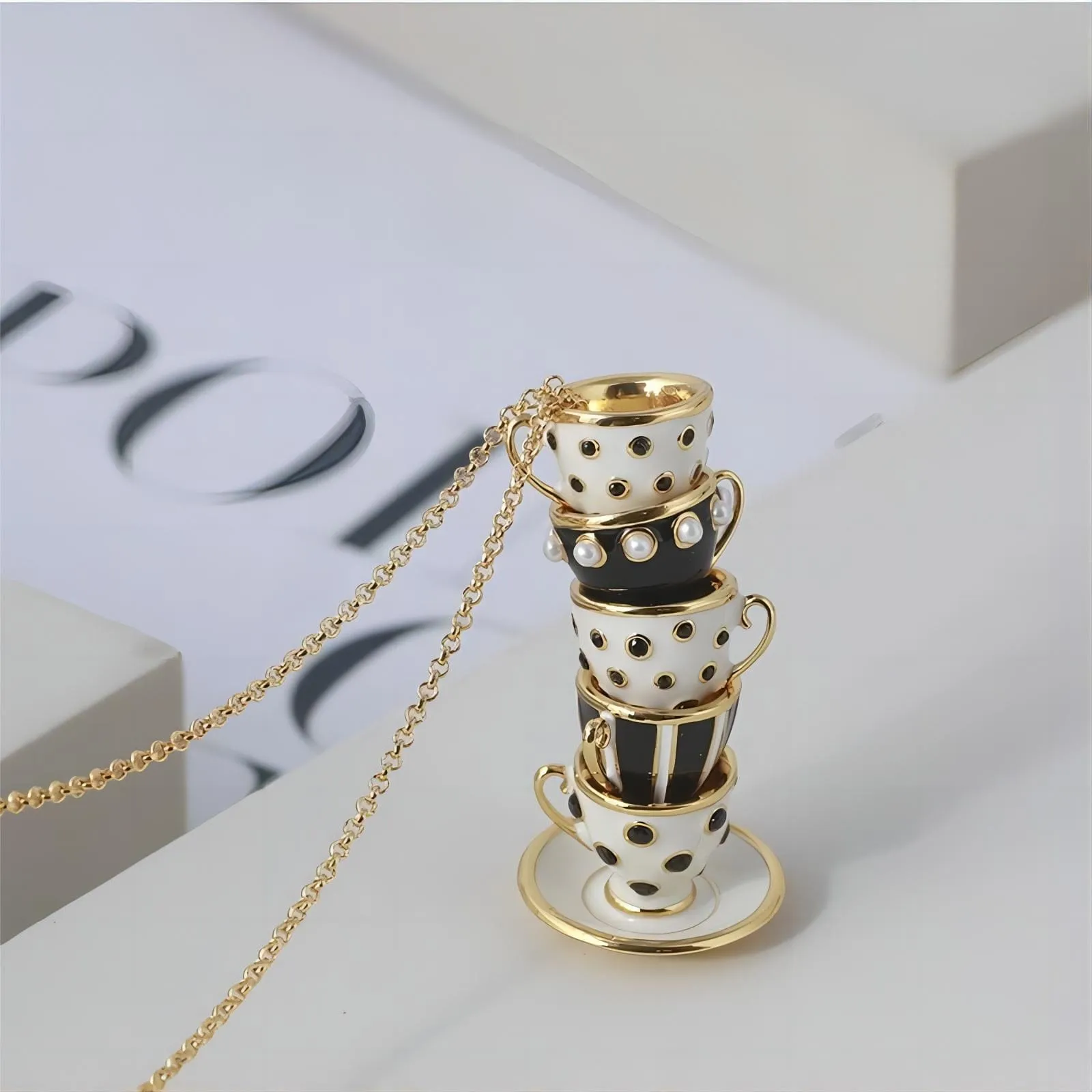 Chic Enamel Coffee Cup Long Chain Necklace