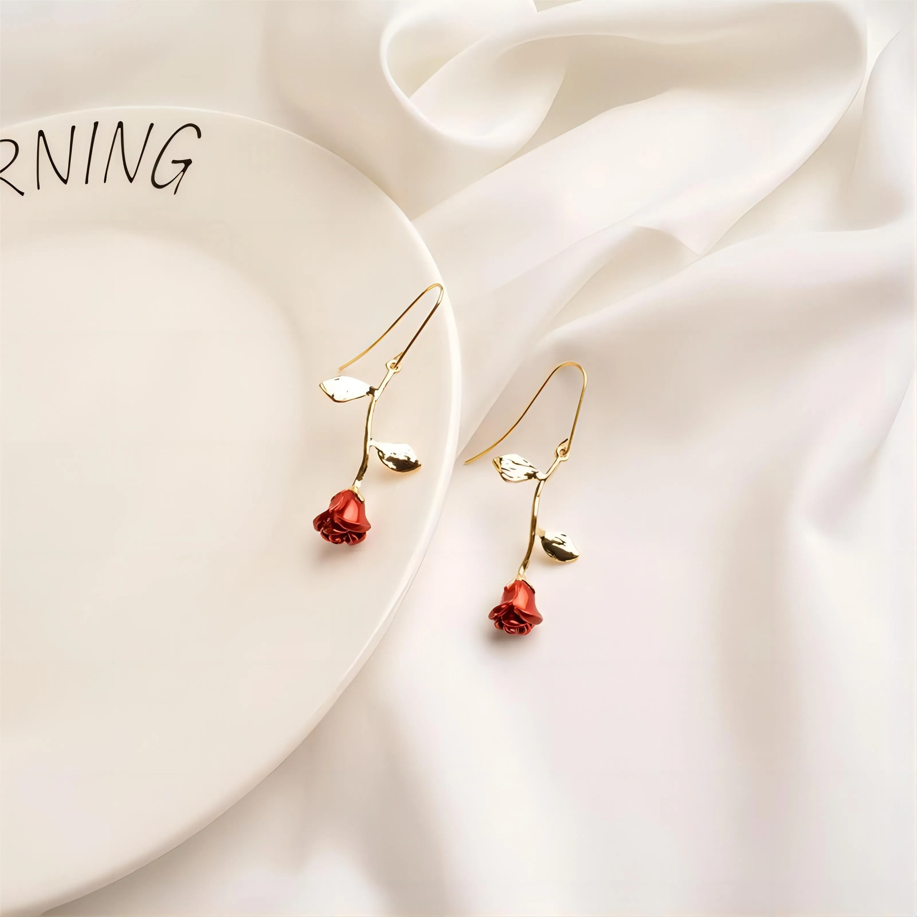 Chic Enamel English Rose Dangle Earrings
