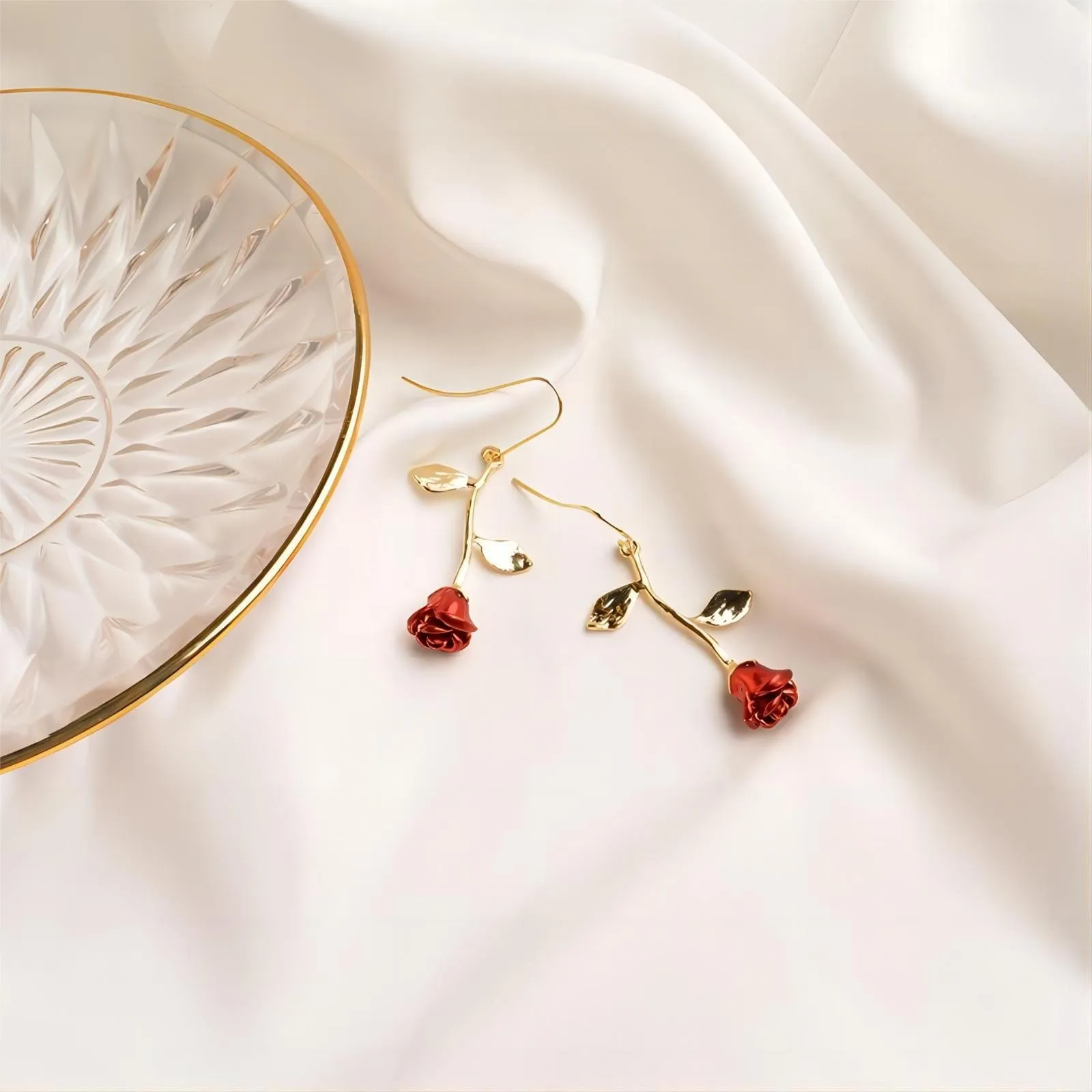 Chic Enamel English Rose Dangle Earrings