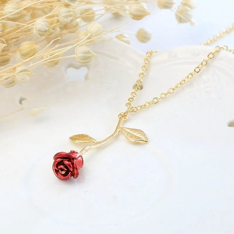 Chic Enamel Rose Pendant Necklace