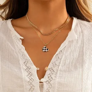 Chic Layered Checkered Heart Pendant Chain Necklace Set