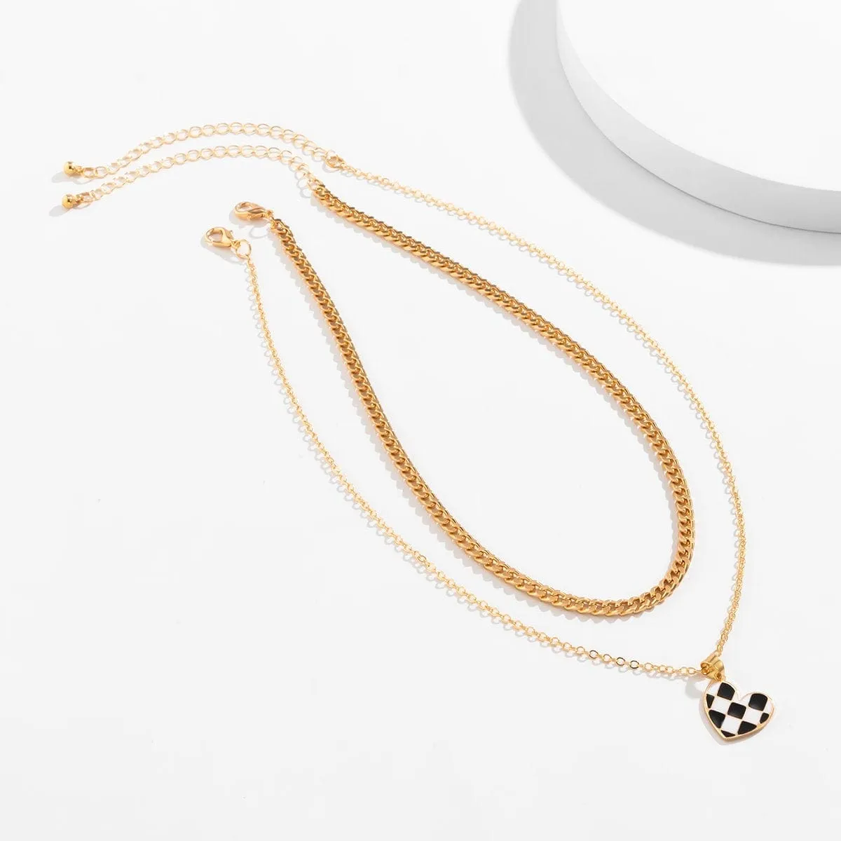 Chic Layered Checkered Heart Pendant Chain Necklace Set