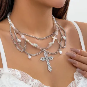 Chic Layered Cross Pendant Turquoise Pearl Chain Tassel Necklace