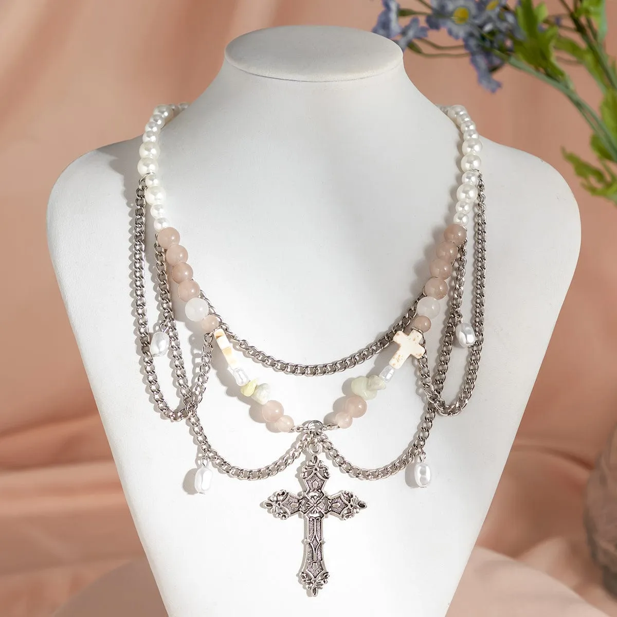 Chic Layered Cross Pendant Turquoise Pearl Chain Tassel Necklace