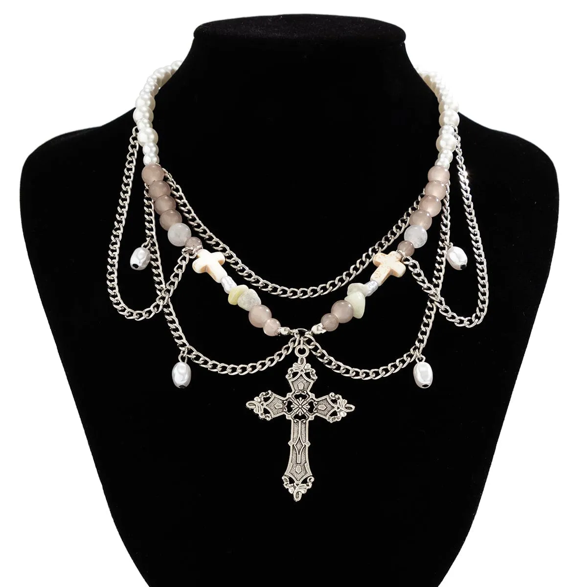 Chic Layered Cross Pendant Turquoise Pearl Chain Tassel Necklace