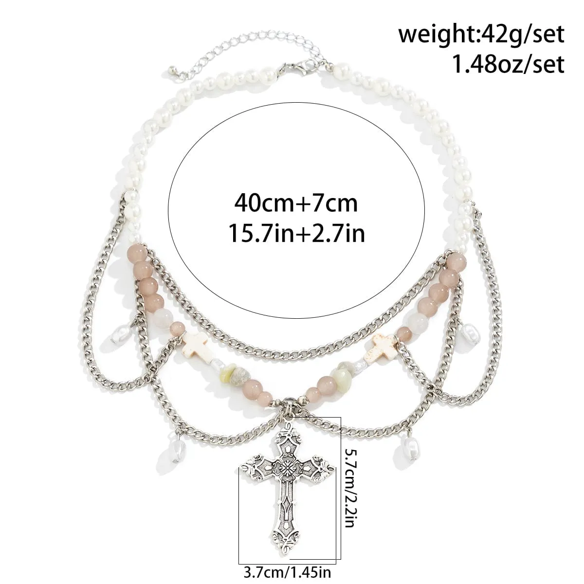 Chic Layered Cross Pendant Turquoise Pearl Chain Tassel Necklace