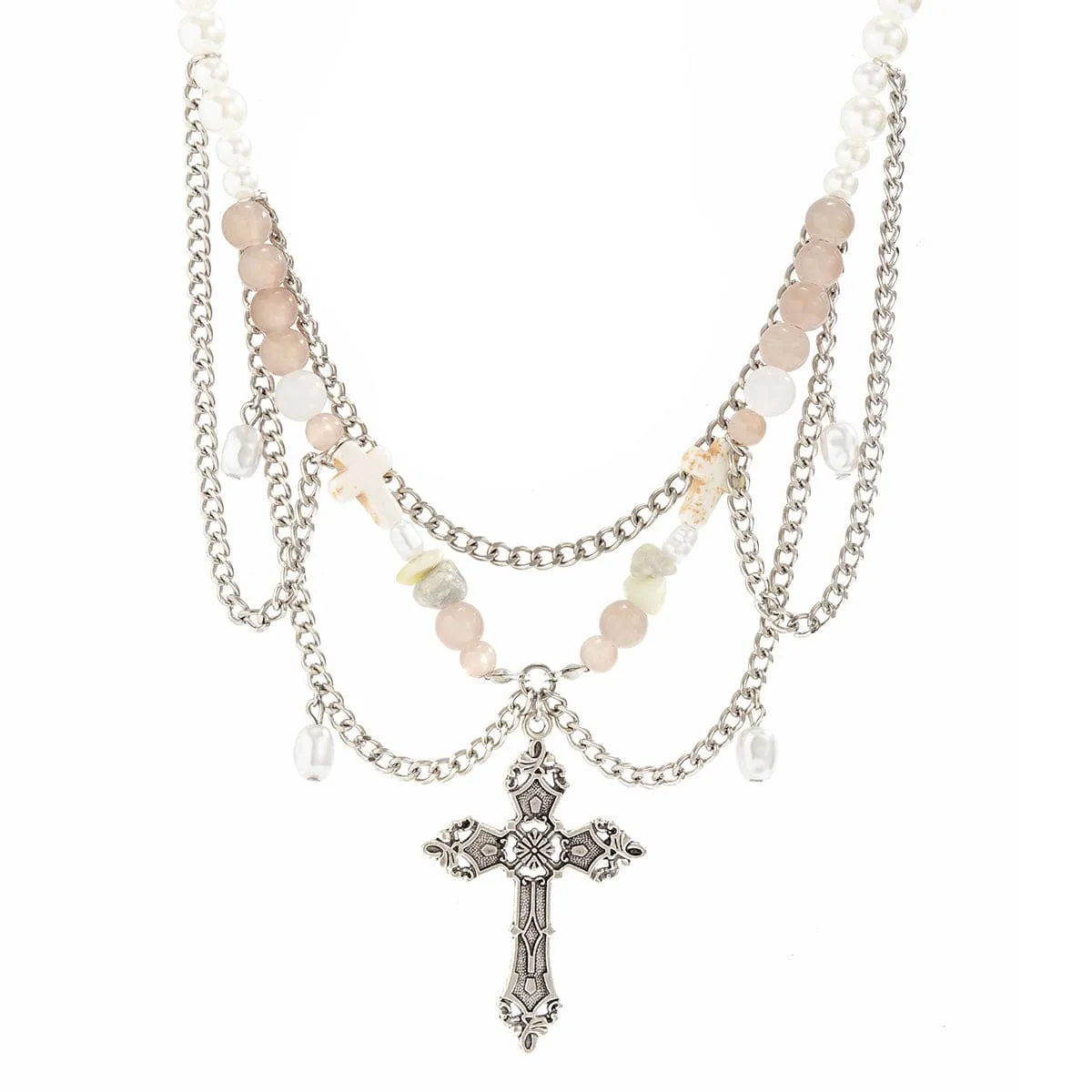 Chic Layered Cross Pendant Turquoise Pearl Chain Tassel Necklace