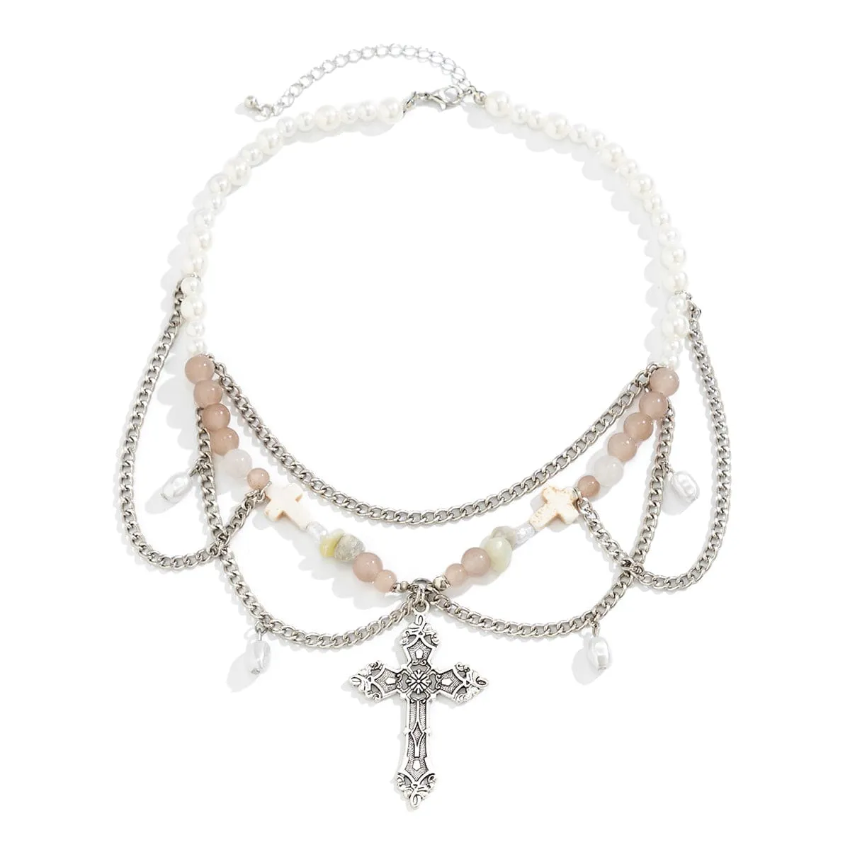 Chic Layered Cross Pendant Turquoise Pearl Chain Tassel Necklace