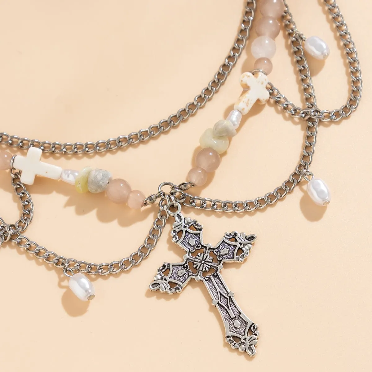 Chic Layered Cross Pendant Turquoise Pearl Chain Tassel Necklace